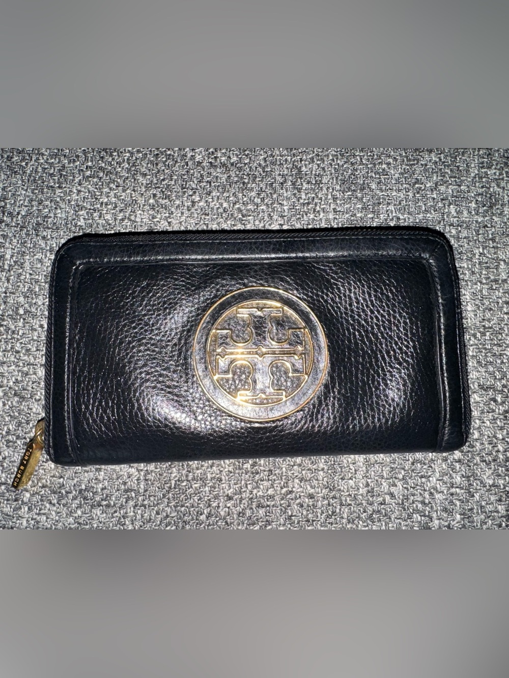 Tory Burch Black Leather Zip Wallet with Gold Logo Emblem